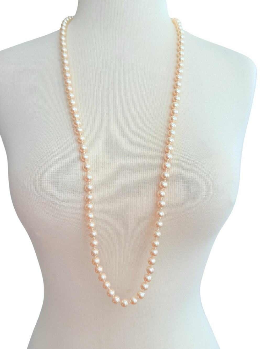 Marvella Faux Pearl Necklace Hand Knotted Strand Beaded 35”